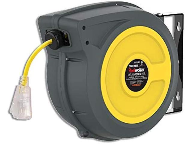 ReelWorks Extension Cord Reel Retractable 12AWG x 50' Foot 3C/SJTOW Glow Strip Cable and Lightup Triple Tap Connector Advanced Slow Retraction...