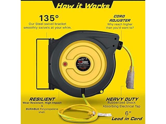 ReelWorks Extension Cord Reel Retractable 12AWG x 50' Foot 3C/SJTOW Glow Strip Cable and Lightup Triple Tap Connector Advanced Slow Retraction...