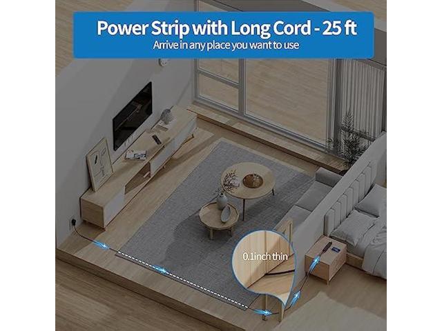 Flat Plug Extension Cord 25 Ft, NTONPOWER Ultra Thin Flat Extension Cord Under Carpet, Rug, Door, Wall Mount Power Strip with 4 Outlets 2 USB...