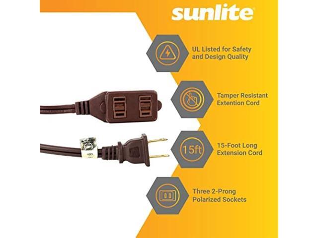 Sunlite 04125-SU 15-Foot Household Extension Cord, Three 2-Prong Polarized Sockets, Tamper Guards, Indoor Use, for Small Appliances, Electronics,...
