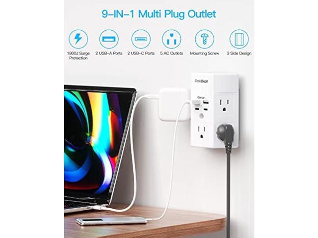 Multi Plug Outlet, Surge Protector, 5 Outlet Extender with 4 USB Charging Ports (2 USB C), USB Wall Charger, 3-Sided 1800J Power Strip Outlets...