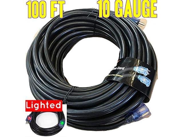 Contractor Grade 100 ft 10 Gauge Power Extension Cord 10/3 Plug, Black 10 Gauge Extension Cord 10 3 100 Foot Extension Cord with Lighted Ends (100...