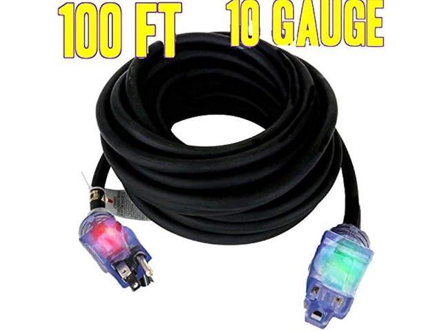 Contractor Grade 100 ft 10 Gauge Power Extension Cord 10/3 Plug, Black 10 Gauge Extension Cord 10 3 100 Foot Extension Cord with Lighted Ends (100...
