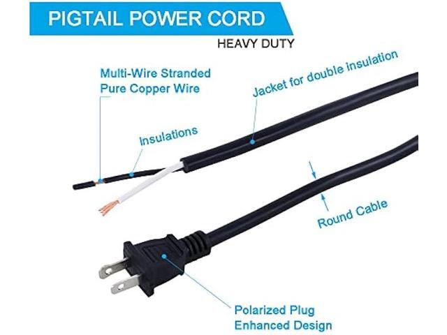 16AWG Power Cord Replacement 2 Prong Pigtail 2 Wire 16 Gauge Polarized Plug Extension Cord 13A 125V 1625W AC Power Supply Cords SJT 6FT Open End...