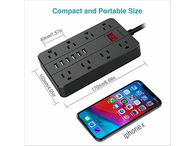 10 Ft Extension Cord Surge Protector, SMNICE 8 Widely Spaced Outlets and 6 USB Charging Ports Flat Plug Power Strip, Desktop Power Cord for Travel...