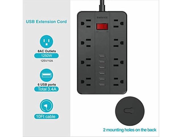 10 Ft Extension Cord Surge Protector, SMNICE 8 Widely Spaced Outlets and 6 USB Charging Ports Flat Plug Power Strip, Desktop Power Cord for Travel...