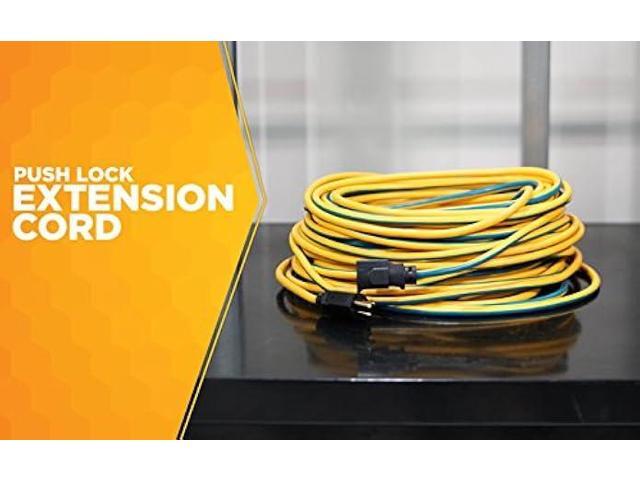 Coleman Cable 02439 14/3 Push-Lock SJTW Locking Extension Cord, Yellow/Blue, 100-Feet