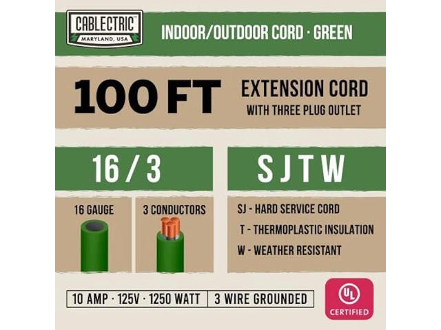 Cablectric Long Outdoor Extension Cord 100 FT with 3 Power Outlets - 16/3 SJTW Green 16 Gauge Multiple Outlets Pigtail Weatherproof Electrical...