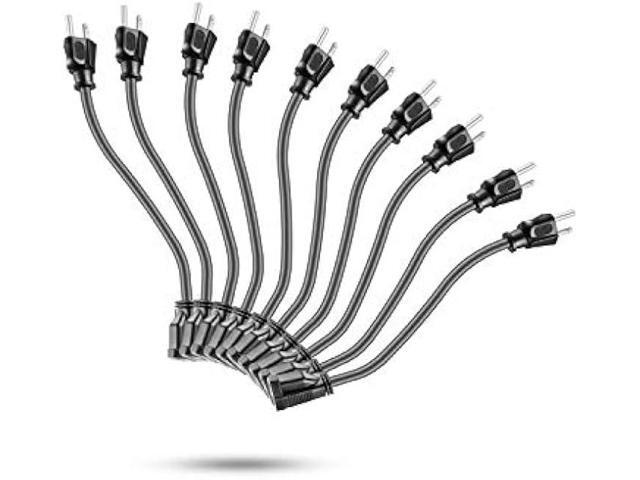 KMC Power Extension Cord 10-Pack, Outlet Saver, 16AWG 3 Prong, 1-Foot Cord
