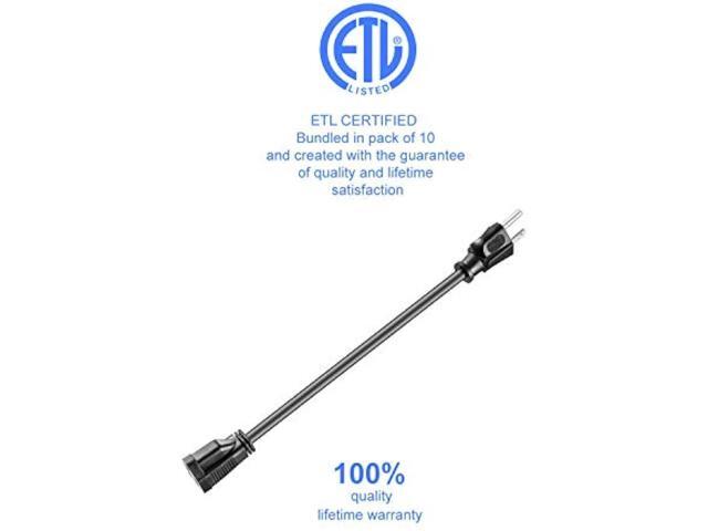KMC Power Extension Cord 10-Pack, Outlet Saver, 16AWG 3 Prong, 1-Foot Cord