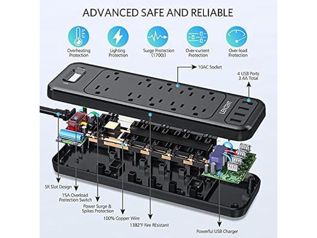 LENCENT 2 Prong Power Strip, Polarized 3 Prong to 2 Prong Outlet Adapter, 1700J Surge Protector, 6ft Extension Cord, 10 AC Outlets & 4 USB(5V 3.4A...
