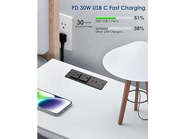 Recessed Power Strip USB C PD 30W Fast Charging,Flush Mount Desk Recessed Outlet,Space-Saver for Furniture Side Table,2 USB Ports,2 AC Outlets,6ft...