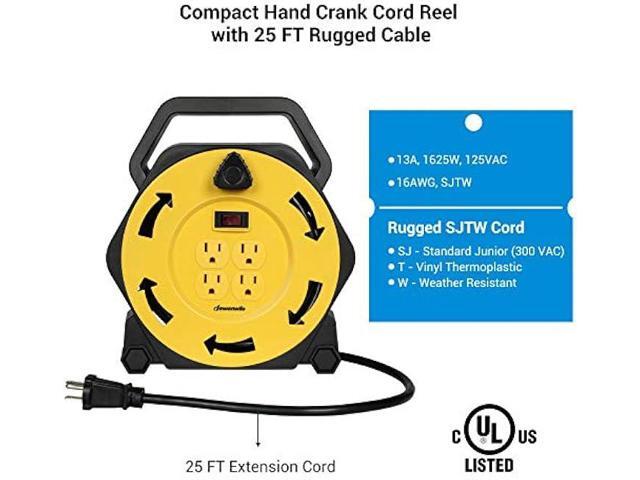DEWENWILS Extension Cord Reel with 25 FT Power Cord, Hand Wind Retractable, 16/3 AWG SJTW, 4 Grounded Outlets, 13 Amp Circuit Breaker, Yellow,...