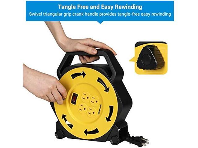 DEWENWILS Extension Cord Reel with 25 FT Power Cord, Hand Wind Retractable, 16/3 AWG SJTW, 4 Grounded Outlets, 13 Amp Circuit Breaker, Yellow,...