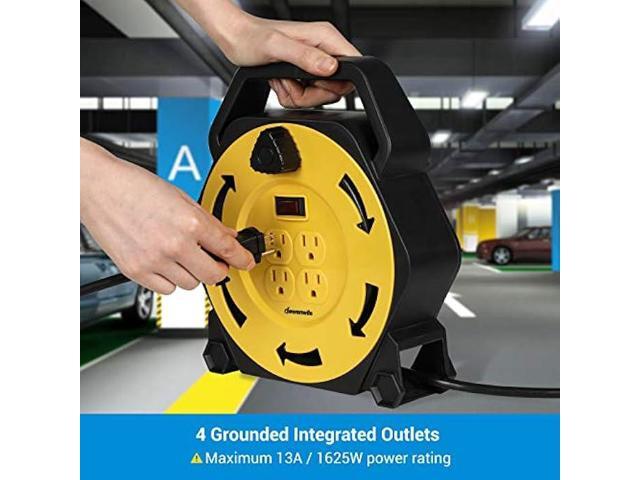 DEWENWILS Extension Cord Reel with 25 FT Power Cord, Hand Wind Retractable, 16/3 AWG SJTW, 4 Grounded Outlets, 13 Amp Circuit Breaker, Yellow,...