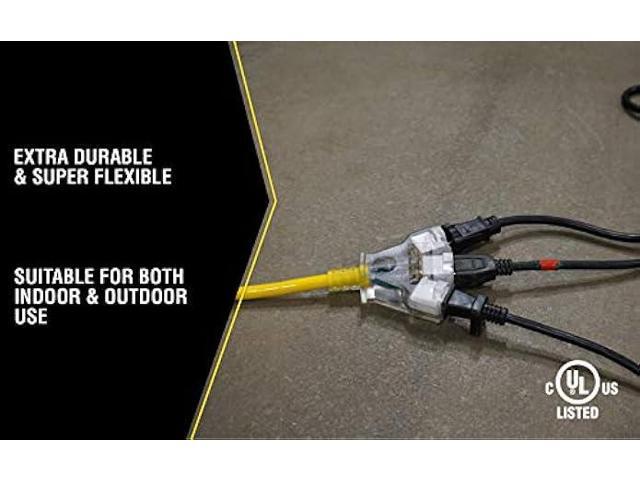 Woods Yellow 2827 12/3 15-Amp SJTW Contractor Power Block; Heavy Duty; Multi; Lighted Outlets; Weather Resistant Jacket; 50-Feet; Extension Cord; Foot