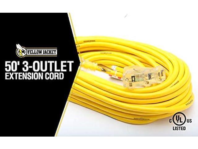 Woods Yellow 2827 12/3 15-Amp SJTW Contractor Power Block; Heavy Duty; Multi; Lighted Outlets; Weather Resistant Jacket; 50-Feet; Extension Cord; Foot