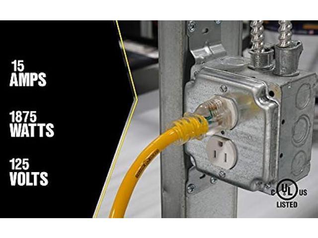 Woods Yellow 2827 12/3 15-Amp SJTW Contractor Power Block; Heavy Duty; Multi; Lighted Outlets; Weather Resistant Jacket; 50-Feet; Extension Cord; Foot