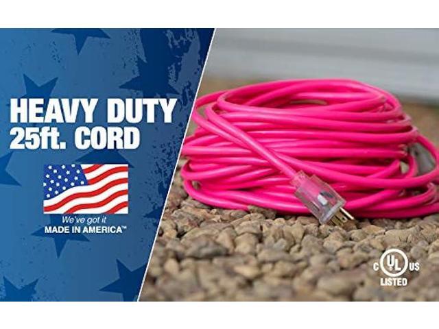 Coleman Cable 2577SW000A 25-Foot 12/3 Neon Outdoor Extension Cord, Made in the USA, Water Resistant Vinyl Jacket, Reinforced Blades, Clear Molded...