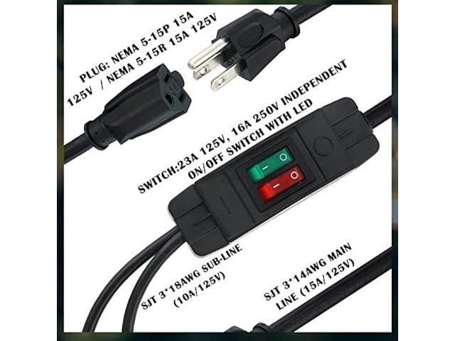 Power Cord Extension Y Splitter with ON Off Switch Plug Splitter 2 Way Outlet Adapter NEMA 5-15R to 1 NEMA 5-15P with 14AWG 15A/125V and 18AWG...