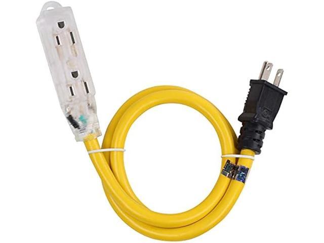 Lighted Outdoor Extension Cord - Heavy Duty Yellow Power Cable Splitter by Journeyman-Pro 3-Prong NEMA 5-15P to Three Electrical Outlets (Inline...