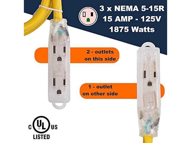 Lighted Outdoor Extension Cord - Heavy Duty Yellow Power Cable Splitter by Journeyman-Pro 3-Prong NEMA 5-15P to Three Electrical Outlets (Inline...