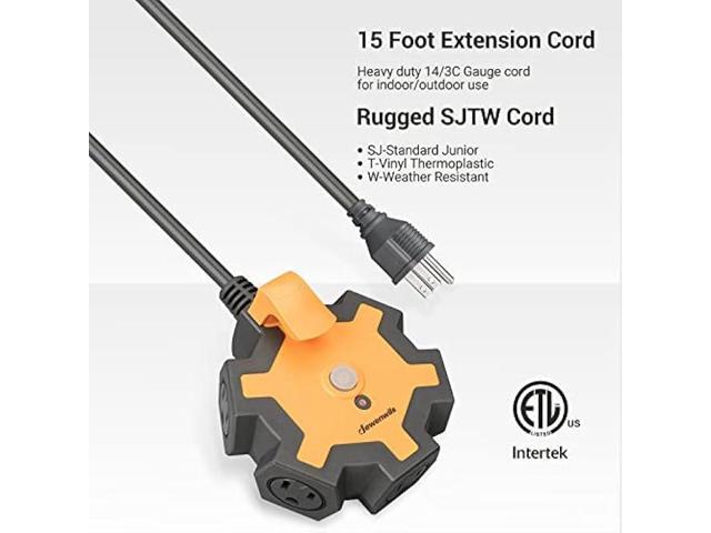 DEWENWILS Industrial Power Strip with 5-Outlet Power Hub, 15FT Heavy Duty Extension Cord for Garage, Workshop, 14/3 AWG SJTW, 15A Circuit Breaker,...
