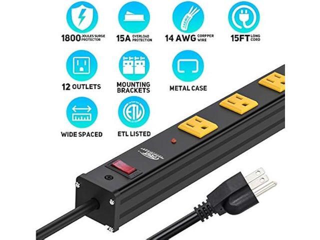 CRST Heavy Duty Surge Protector Power Strip Wide Spaced 12-Outlet 15 Feet Long Extension Cord with Mounting Brackets 15A Circuit Breaker 1800 Joules