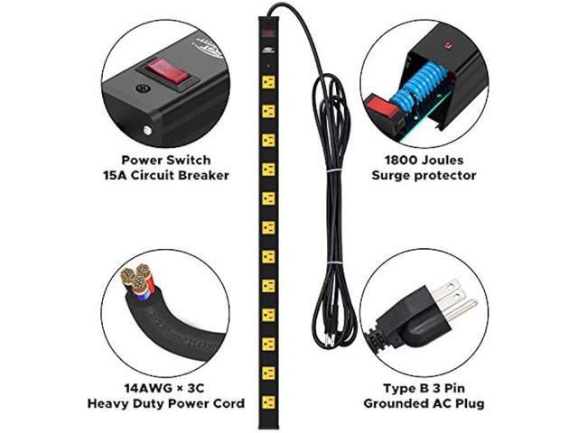 CRST Heavy Duty Surge Protector Power Strip Wide Spaced 12-Outlet 15 Feet Long Extension Cord with Mounting Brackets 15A Circuit Breaker 1800 Joules