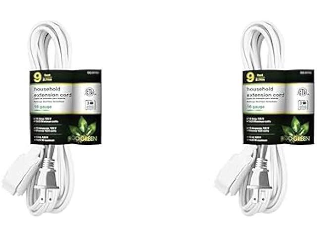 GoGreen Power (GG-24709) 16/2 9 Household Extension Cord, 3 Outlets, White, 9 Ft (Pack of 2)