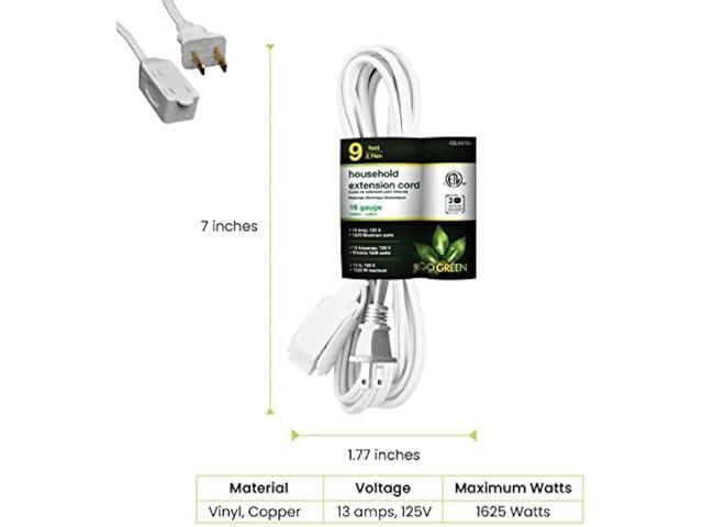 GoGreen Power (GG-24709) 16/2 9 Household Extension Cord, 3 Outlets, White, 9 Ft (Pack of 2)