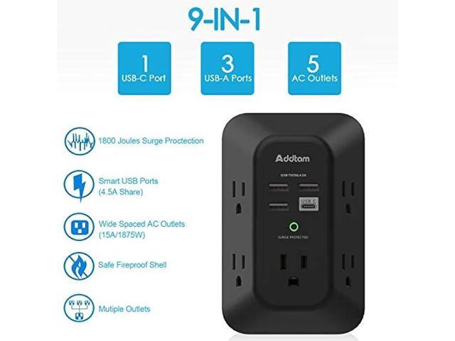 USB Wall Charger Surge Protector - Addtam 5 Outlet Extender with 4 USB Charging Ports (1 USB C), 3-Sided 1800J Power Strip Multi Plug Outlets...