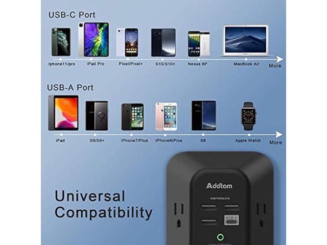 USB Wall Charger Surge Protector - Addtam 5 Outlet Extender with 4 USB Charging Ports (1 USB C), 3-Sided 1800J Power Strip Multi Plug Outlets...
