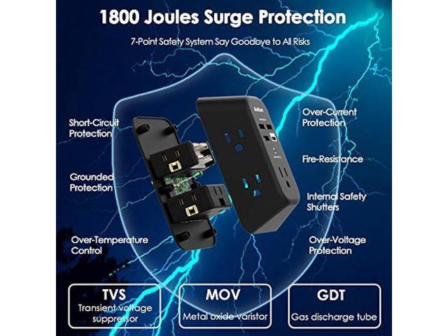USB Wall Charger Surge Protector - Addtam 5 Outlet Extender with 4 USB Charging Ports (1 USB C), 3-Sided 1800J Power Strip Multi Plug Outlets...