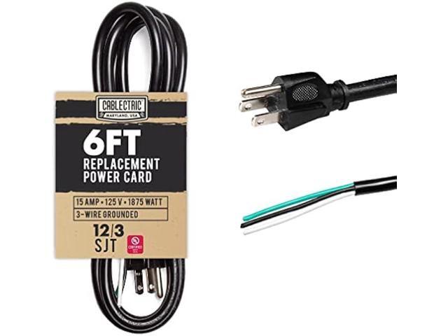 Cablectric 6 Foot 12 AWG Replacement Cord with Open End - Black Extension Cable, 12/3 SJT, NEMA 5-15P
