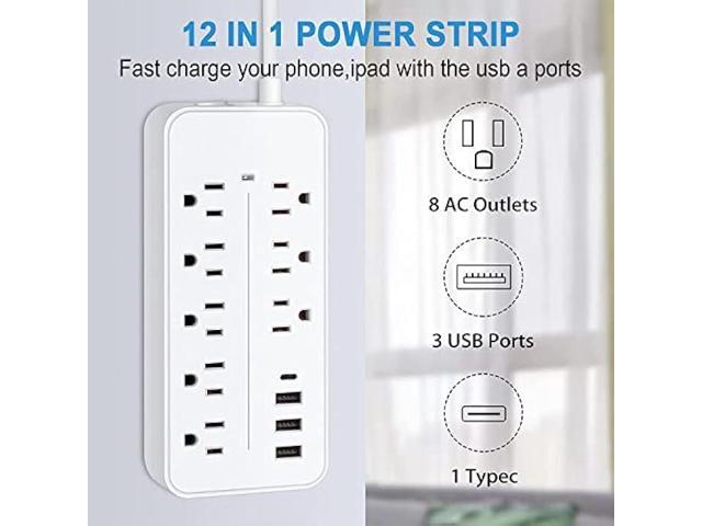 15FT Surge Protector Power Strip Extension Cord with USB C, Asamoom Flat Plug Power Strip with Long Cord, 8 Outlets and 3 USB & 1 USB-C Port, Wall...