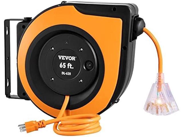 VEVOR Retractable Extension Cord Reel, 65 FT, Heavy Duty 12AWG/3C SJTOW Power Cord, with Lighted Triple Tap Outlet, 15 Amp Circuit Breaker, 180°...