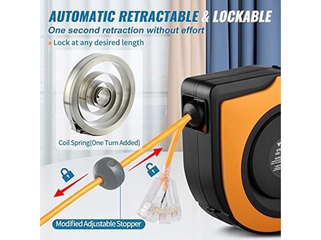 VEVOR Retractable Extension Cord Reel, 65 FT, Heavy Duty 12AWG/3C SJTOW Power Cord, with Lighted Triple Tap Outlet, 15 Amp Circuit Breaker, 180°...