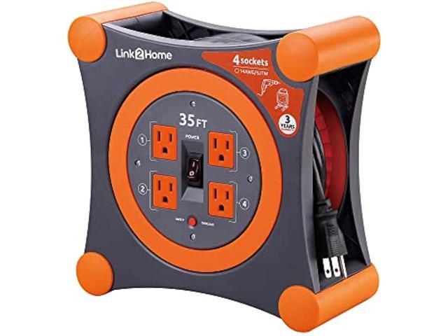 Link2Home Cord Reel 35 ft. Extension Cord 4 Power Outlets 14 AWG SJTW Cable.