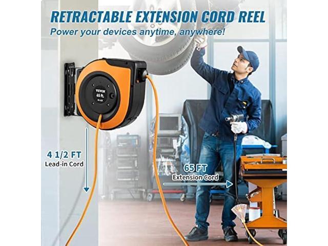 VEVOR Retractable Extension Cord Reel, 65 FT, Heavy Duty 12AWG/3C SJTOW Power Cord, with Lighted Triple Tap Outlet, 15 Amp Circuit Breaker, 180°...
