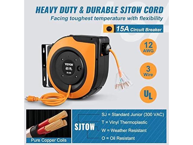 VEVOR Retractable Extension Cord Reel, 65 FT, Heavy Duty 12AWG/3C SJTOW Power Cord, with Lighted Triple Tap Outlet, 15 Amp Circuit Breaker, 180°...