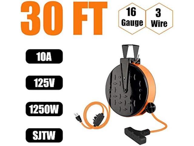 EP 30 Ft Retractable Extension Cord Reel, 16/3 SJTW Power Cord with 3 Electrical Outlets, Ceiling or Wall Mount, 10 Amp Circuit Breaker, Metal...