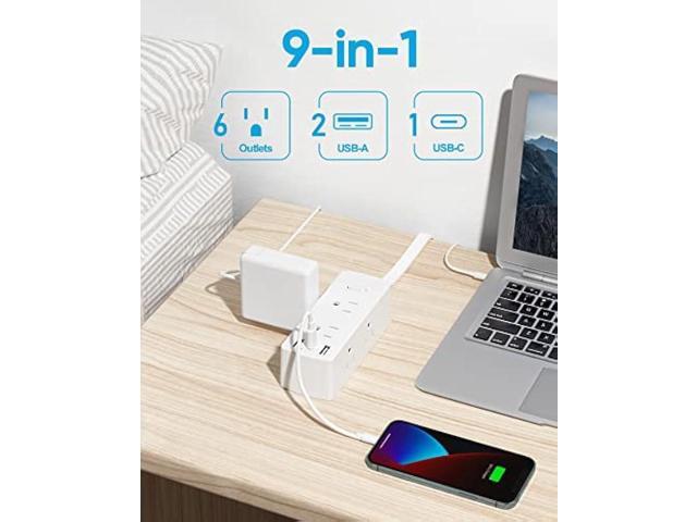 Power Strip Surge Protector, Olcorife Ultra Thin Flat Plug Extension Cord 5ft, 6 Outlets 3 USB Ports(1 USB C), 3 Sided Outlet Extender for Home...