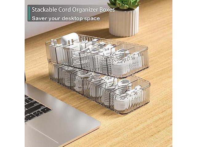Tamomic Cable Storage Boxes Organizers 2 Pack,Cord Charger Storage Organizer Box Case with 20pcs Cable Ties,Stackable,Clear