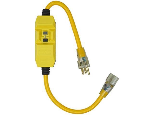 Yellow Jacket Heavy Duty Extension Cord with In-Line GFCI, 2Ft, 12 Gauge, 3 Conductor, 15 AMP, Lighted End, 1 Outlet, SJTW, Yellow, 2817