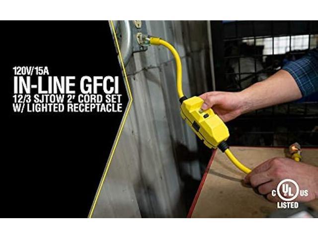 Woods 2817 Jacket Contractor Grade SJTW Super Flexible Extension Cord with in-Line Gfci and Lightened End 3 12 Awg 15 A 1-Outlet Yellow