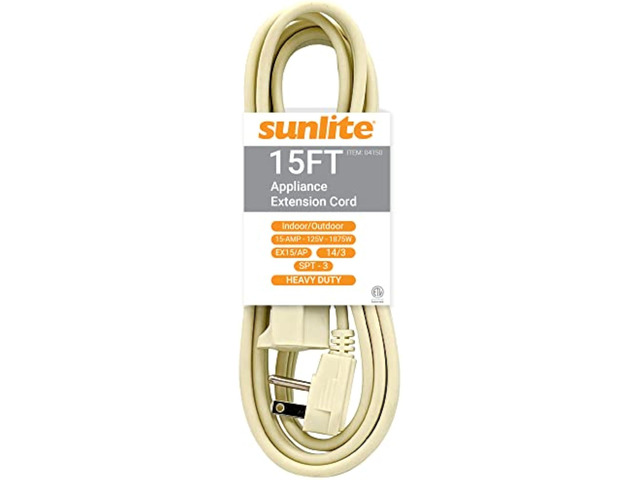 Sunlite 04165-SU EX15/AP Heavy Duty 15-Foot Appliance Extension Cord, Three Prong, 14/3 Gauge, 15 Amp, Beige