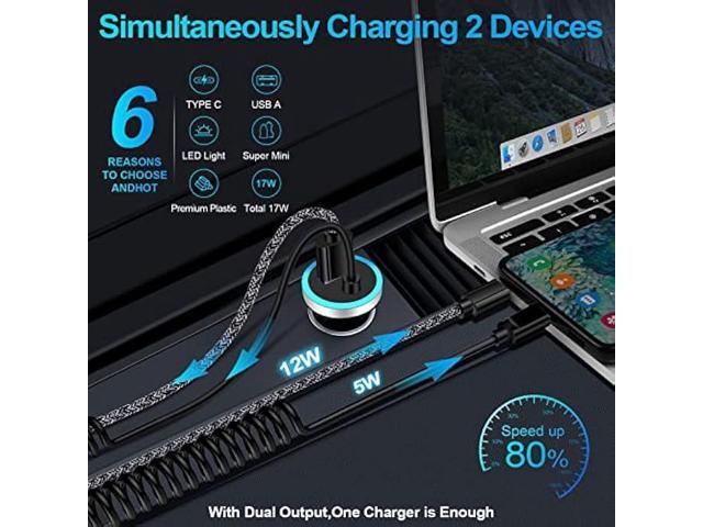 USB C Car Charger, 3.4A Fast Car Charging Lighter Adapter+3ft Type C Coiled Cable for Samsung Galaxy S23 S23+ S23 Ultra A54 A14 A32 A13 A53 S22 S21...