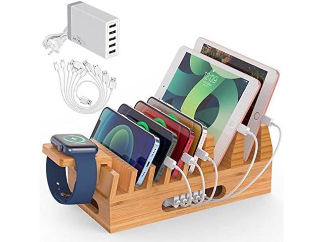 Pezin & Hulin Bamboo Charging Station Holder with 5 Port USB Charger, Watch Stand, 6 x Charge Cable, Wood Docking Stand Electronic Organizer for...