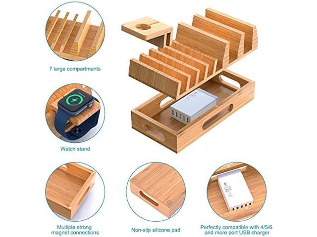 Pezin & Hulin Bamboo Charging Station Holder with 5 Port USB Charger, Watch Stand, 6 x Charge Cable, Wood Docking Stand Electronic Organizer for...